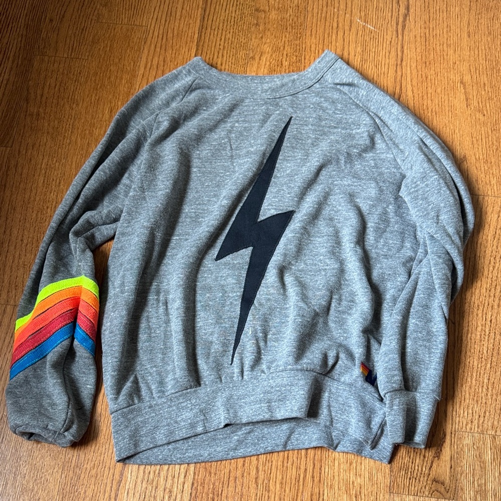 Aviator Nation Gray Top with Black Lightning and Rainbow Accents